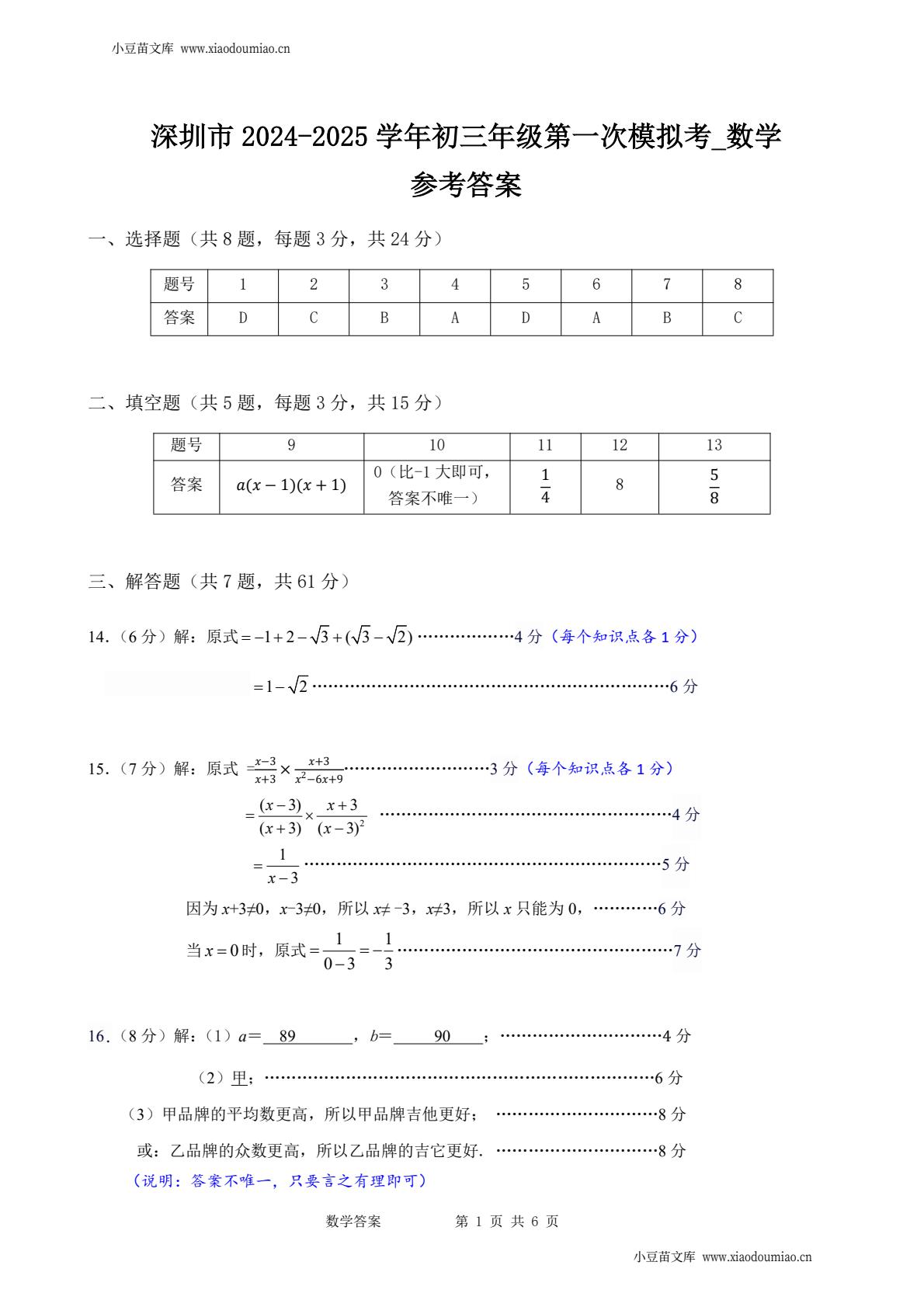 2024-2025学年深圳市高级中学9年级下开学考数学试卷答案